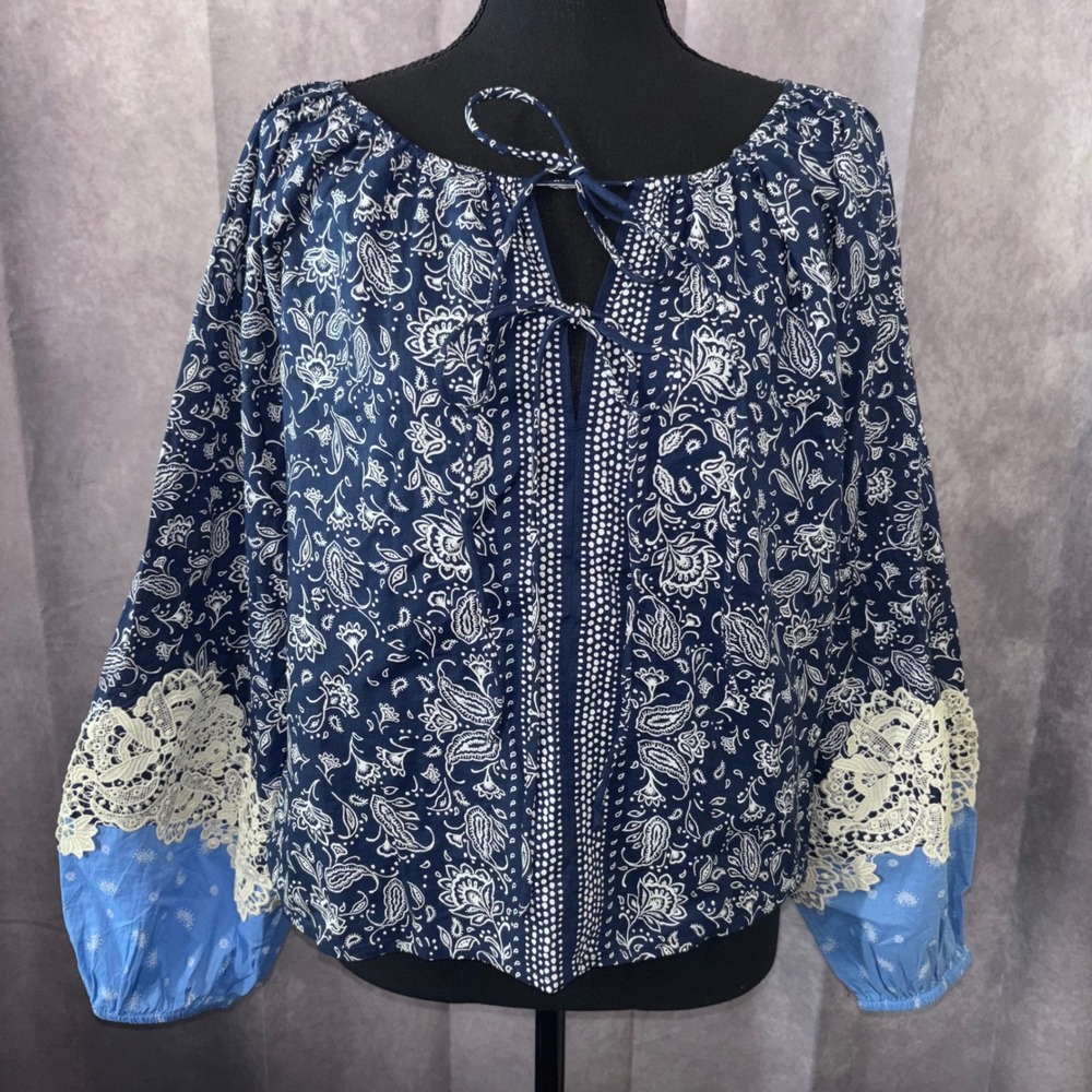 LOFT Womens Small Navy Blue Boho Paisley Lace Embroidered Sleeve Peasant Blouse